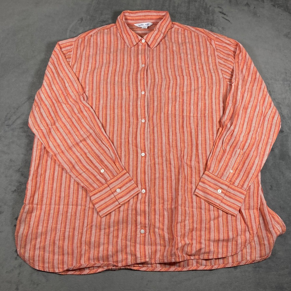 Old Navy The Boyfriend Shirt XL Tall Orange White Striped Linen Rayon Blend